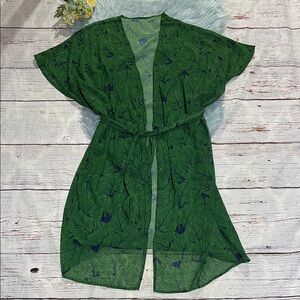 Palm Tree Polyester Tie Waist Short Sleeve Sheer Kimono Sz XL